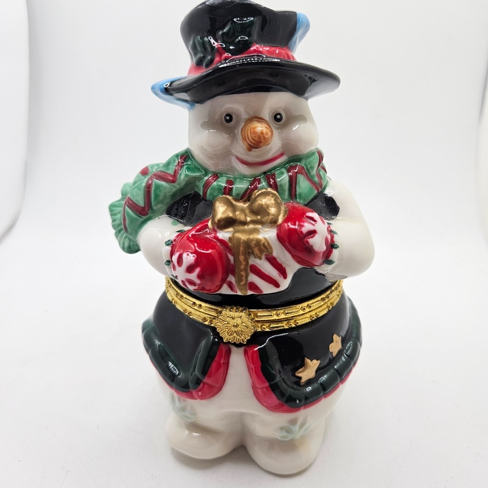 VTG Christmas Snowman Trinket Box Hinged Ceramic Candy Gift Holiday Figurine